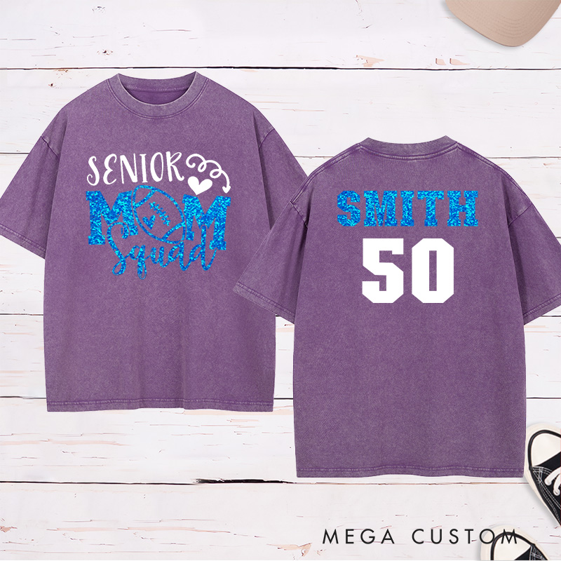 Personalized American Football and Rugby Glitter Senior Washed Mom T-Shirts with Custom Name and Number