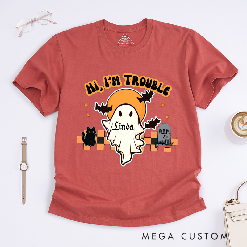 Personalized Where I Go Trouble Follows Hi I Am Trouble Funny Halloween Couple Matching T-Shirt