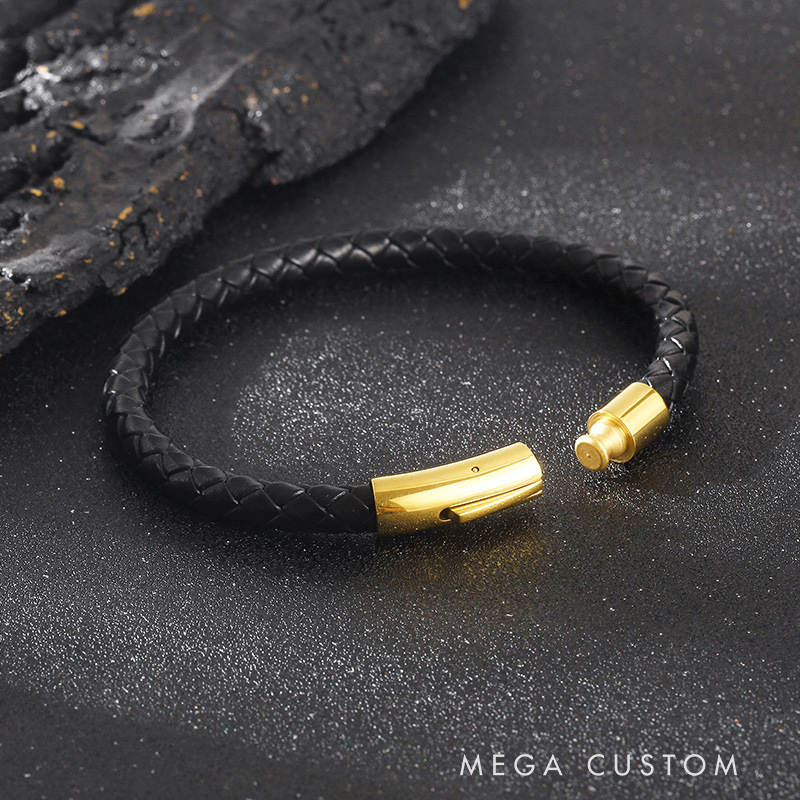 Personalized Braided Leather Bracelet with Custom Name Steel Clasp Religious Jewelry for Men Confirmation Gift Christian Gift for Dad Men Him