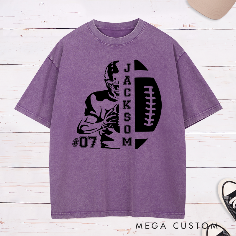 Personalized American Football Washed T-Shirt with Custom Name and Number for Game Day