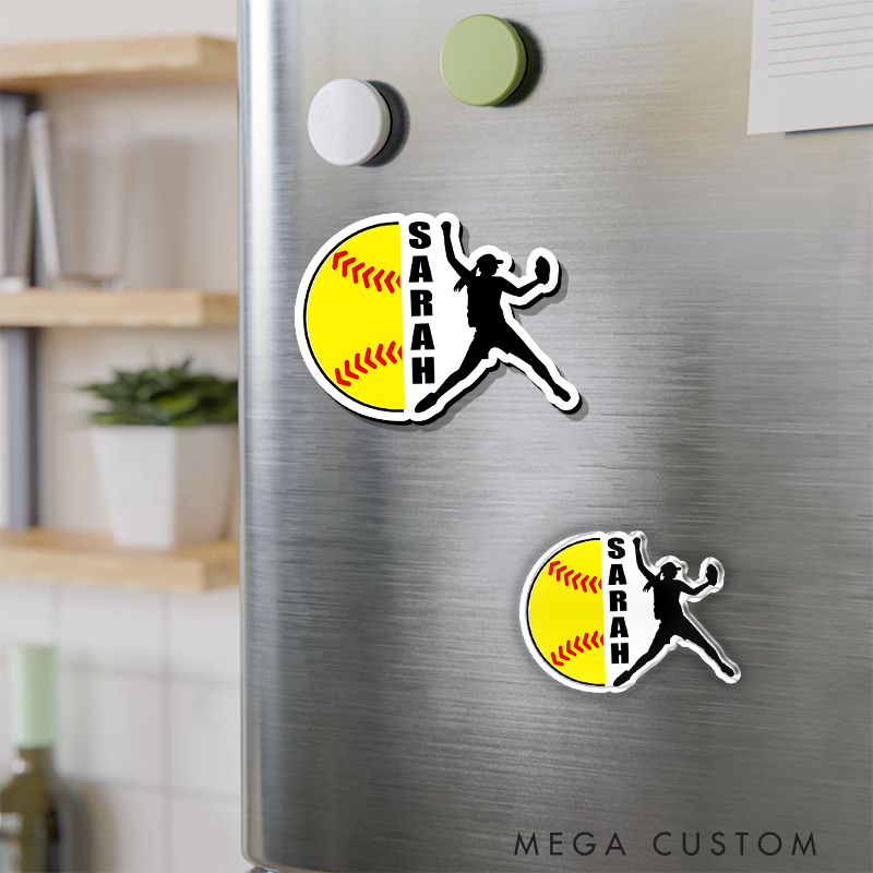 Personalized Softball Refrigerator Magnet with Custom Name Vertical Text and Player Silhouette Design