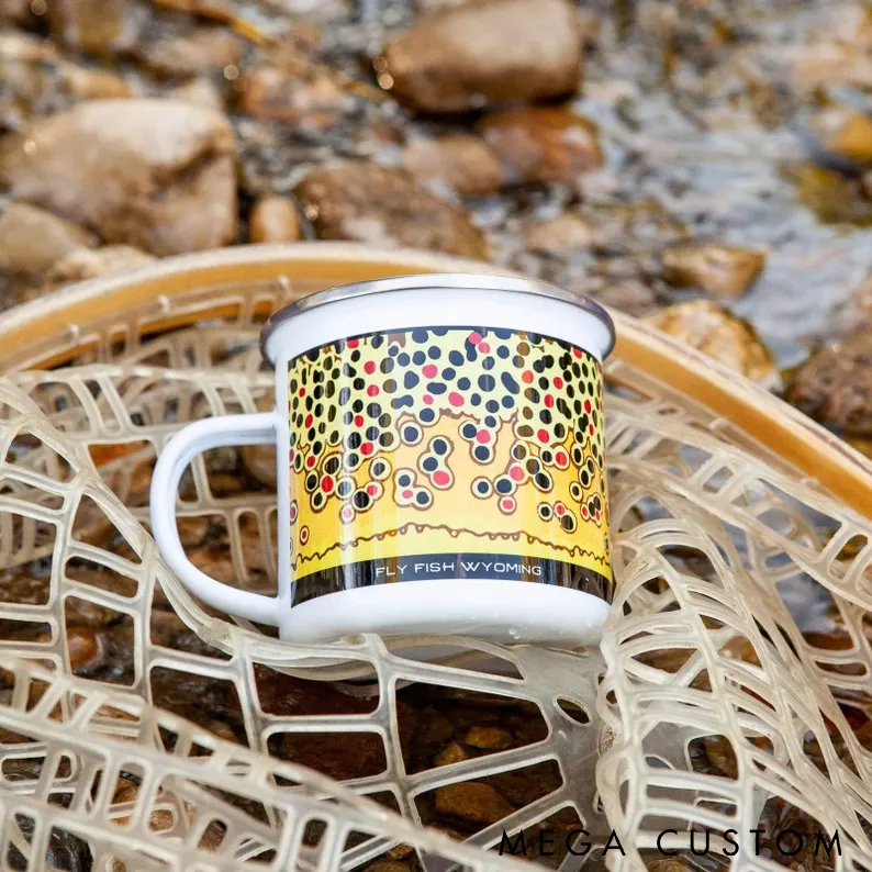 Personalized Trout Enamel Mug Trout Pattern Camp Mug Fish Scale Design Custom Text Perfect for Fishing Camping and Outdoor Adventures