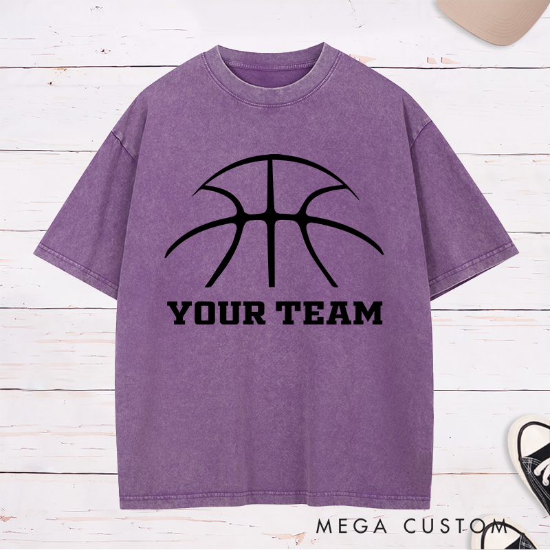 Personalized Washed T-Shirt Design Featuring a Minimalist Basketball Graphic with Customizable Team Name in Bold Text