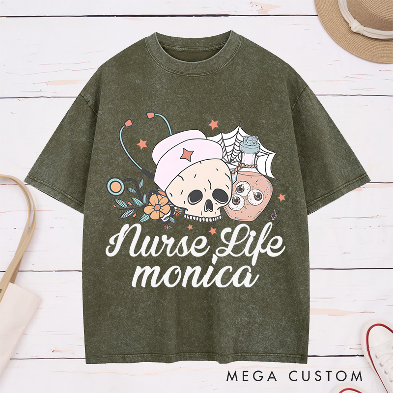 Personalized Nurse Washed T-Shirt Customized Nurse Life Design Washed T-Shirt 