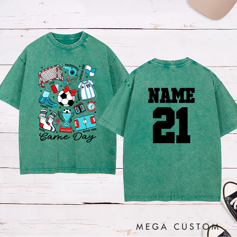 Personalized Game Day Soccer Washed T-Shirt with Fun Illustrated Graphics and Custom Name and Number
