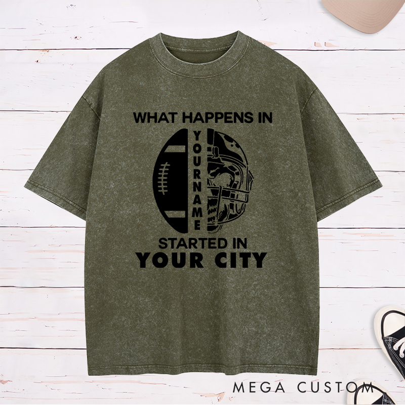 Personalized American Football Skull Washed T-Shirts Featuring Custom Name and City for New Football Fan Shirt Gift