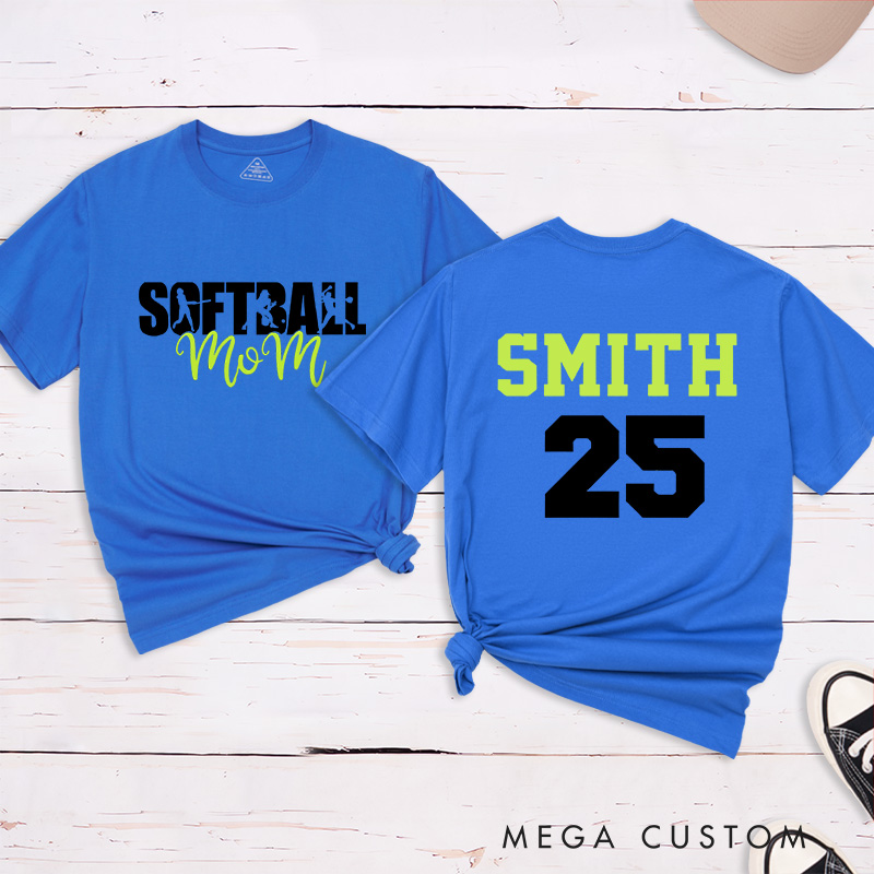 Personalized Softball Mom T-Shirt Design Featuring Bold Front Text with Stylish Script and Custom Name and Number on the Back