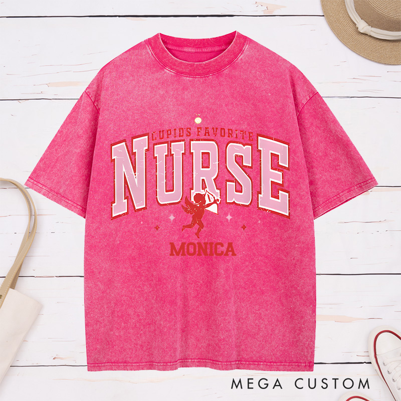 Personalized Nurse Washed T-Shirt Customized Cupid's Favorite Nurse Design Washed T-Shirt 