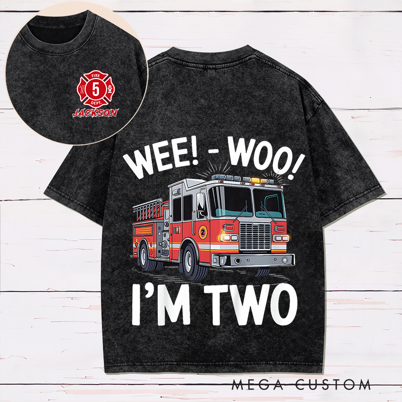 Personalized Firefighter Washed T-Shirt Fire Truck Wee-Woo I'm Two Gift for Firefighter