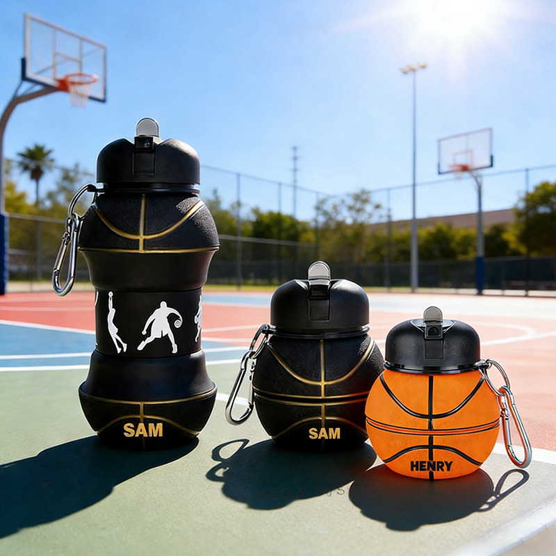 Personalized Foldable Basketball Water Cup Silicone Black Golden Basketball Sports Water Bottle Custom Name Gift for Basketball Lovers