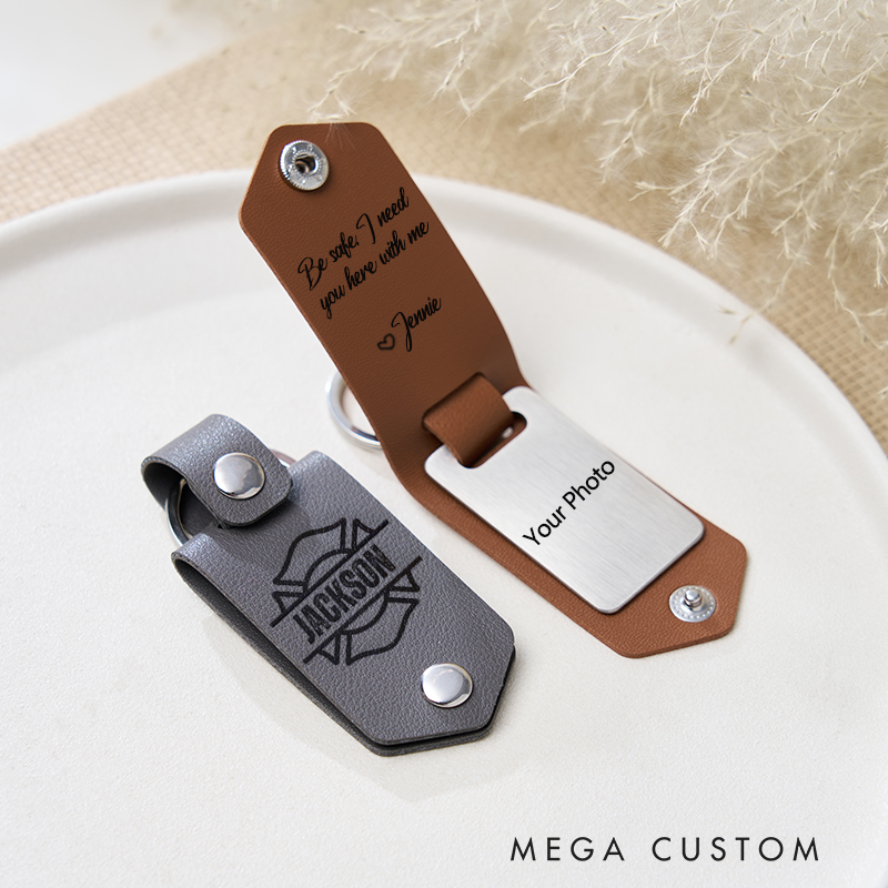 Personalized Keychain for Firefighters Leather Engraved Keychain with Photo Metal Tag Keychain
