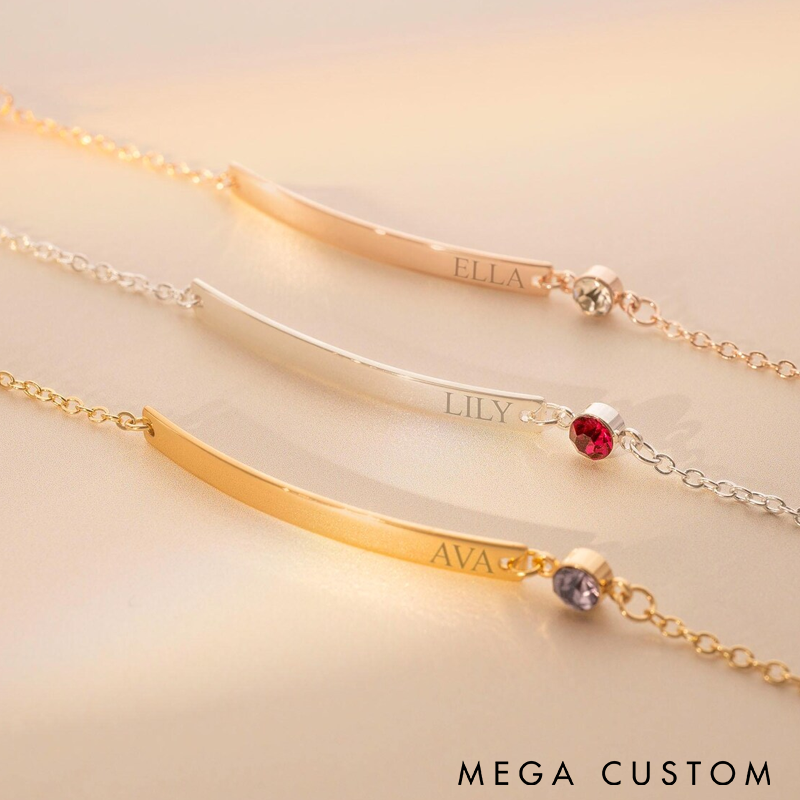 Personalized Name Bracelet Custom Engraved Bar with Birthstone Charm Adjustable Chain Unique Gift for Women