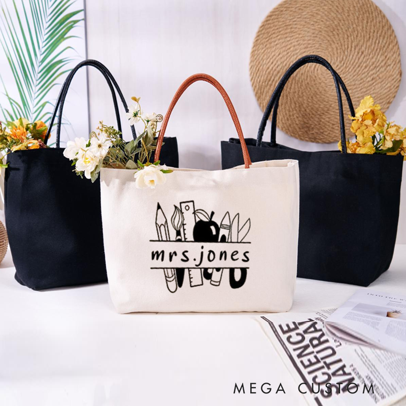 Personalized Teacher Name PU Leather Canvas Tote Bag Fashion Design Teacher Appreciation Gifts