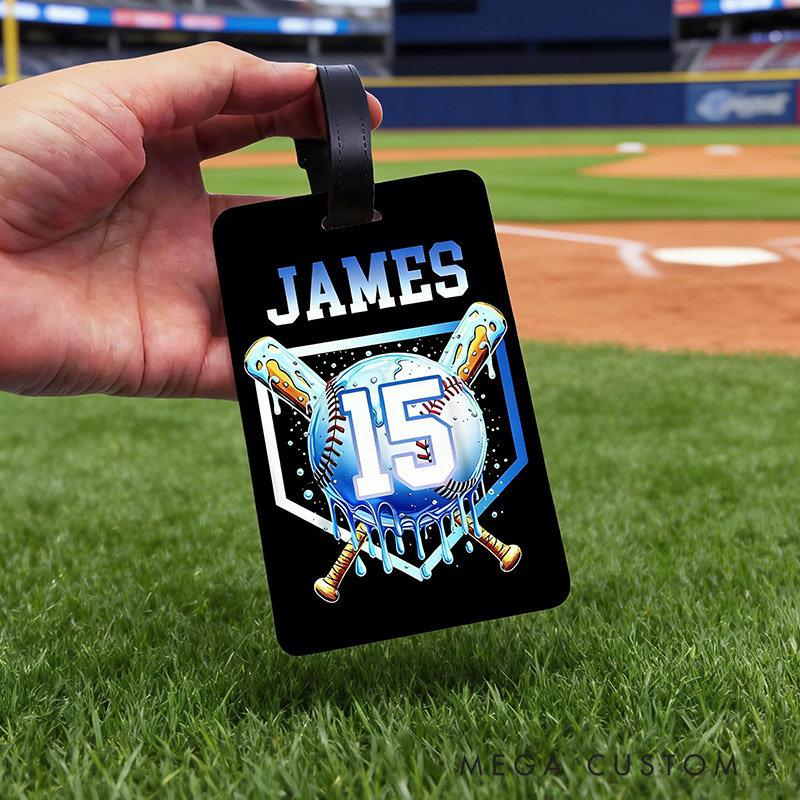 Personalized Ice Cream Dripping Baseball Luggage Tag with Name and Number Travel Accessories Team Gift for Baseball Players Lovers