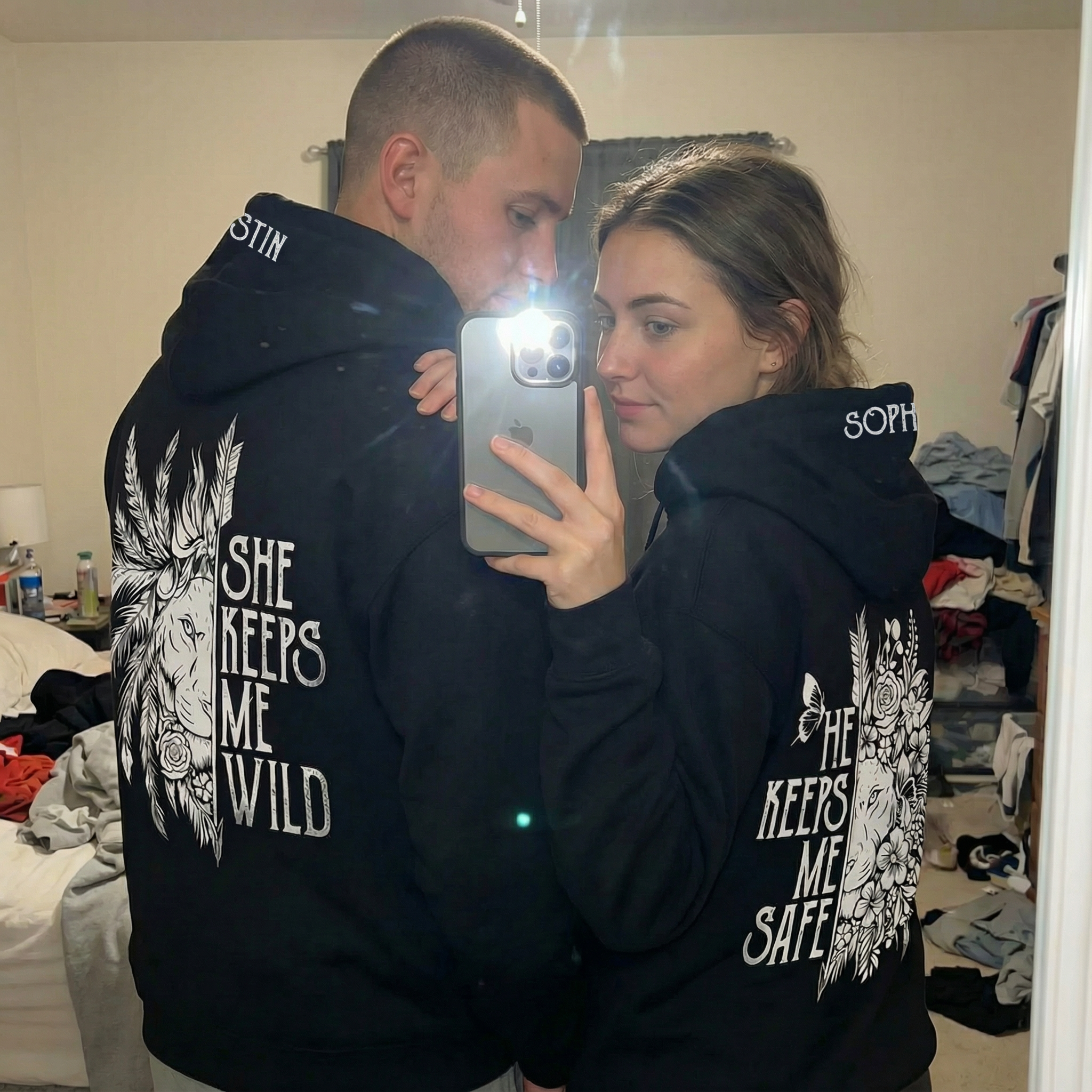 Personalized Couple She Keeps Me Wild and He Keeps Me Safe Matching Hoodie Custom Couple Sweatshirt with Name Anniversary Gift Valentine's Day Gift