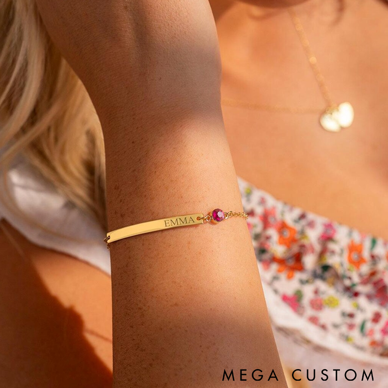 Personalized Name Bracelet Custom Engraved Bar with Birthstone Charm Adjustable Chain Unique Gift for Women