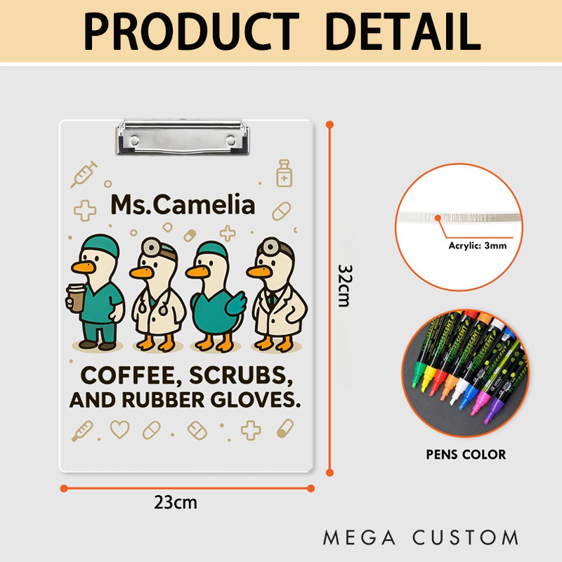 Personalized Nurse Clipboard Coffee Scrubs and Rubber Gloves Funny Goose Medical Gift Acrylic Clipboard for Nurse and Doctor