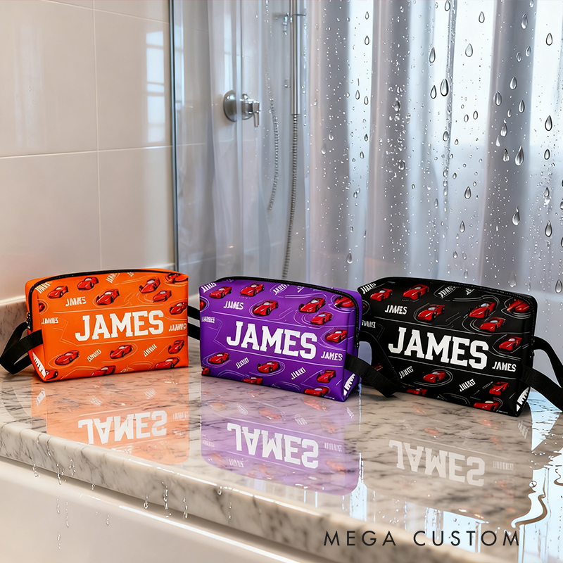 Personalized Racing Theme Toiletry Bag Custom Name Waterproof Travel Pouch with Car Print Multi Color Gifts