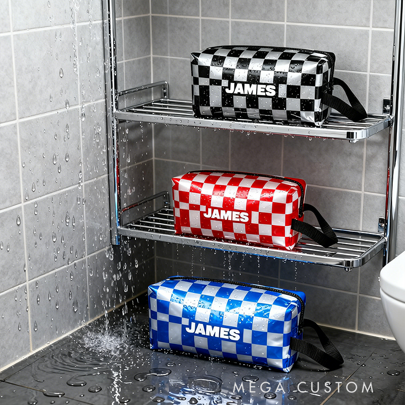 Personalized Checkered Racing Toiletry Bag Custom Name Waterproof Travel Pouch Classic Car Flag Design Gifts