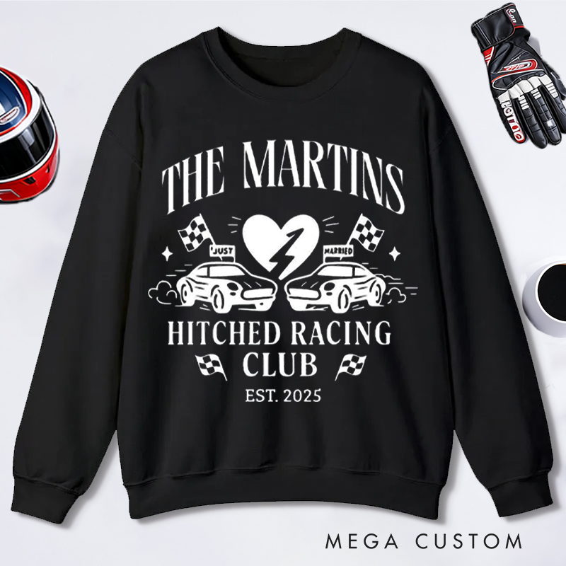 Personalized Just Married Racing Club Hoodie Custom Year and Text Gift for Newlyweds Car Lovers
