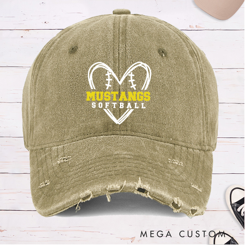 Personalized Distressed Denim Softball Cap with Custom Team Name and Heart Shaped Softball Design