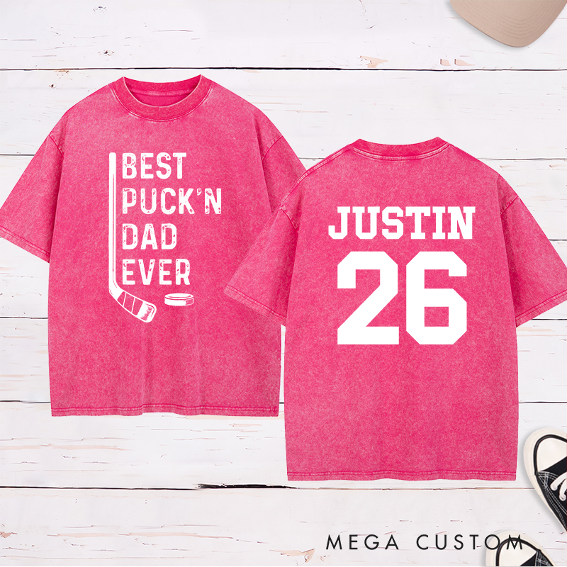 Personalized "Best Puck'n Dad Ever" Hockey Washed T-Shirt with Custom Name and Number