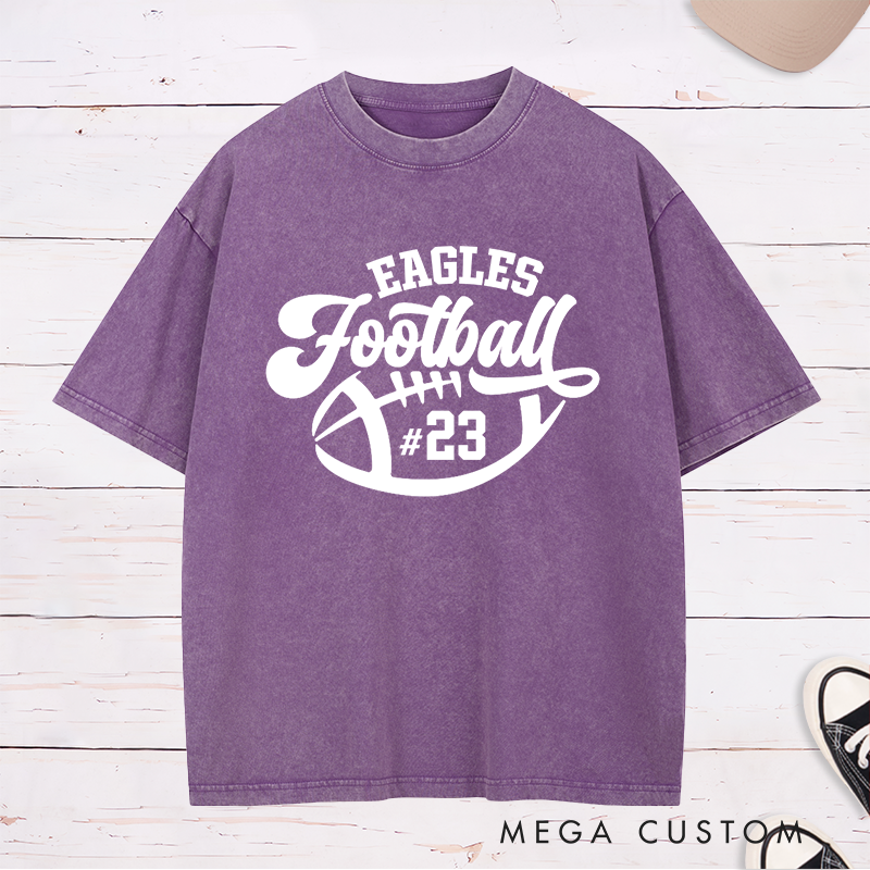 Personalized American Football Washed T-Shirts with Custom Team Name and Number,Sports Tee