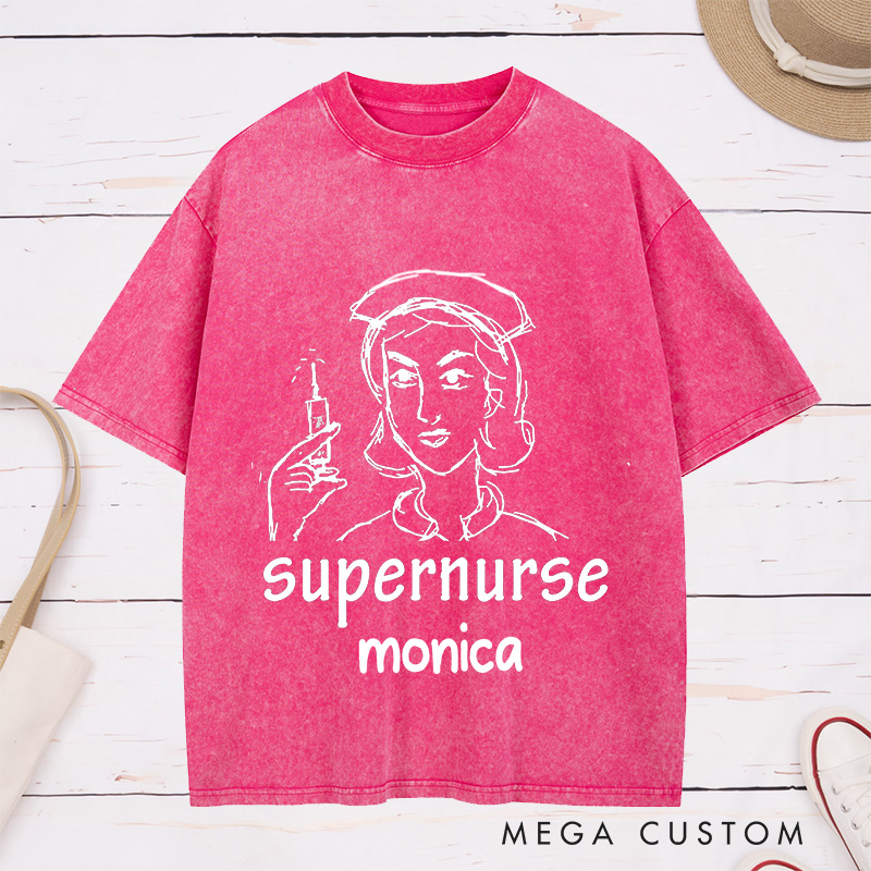 Personalized Nurse Washed T-Shirt Customized Supernurse Design Washed T-Shirt 