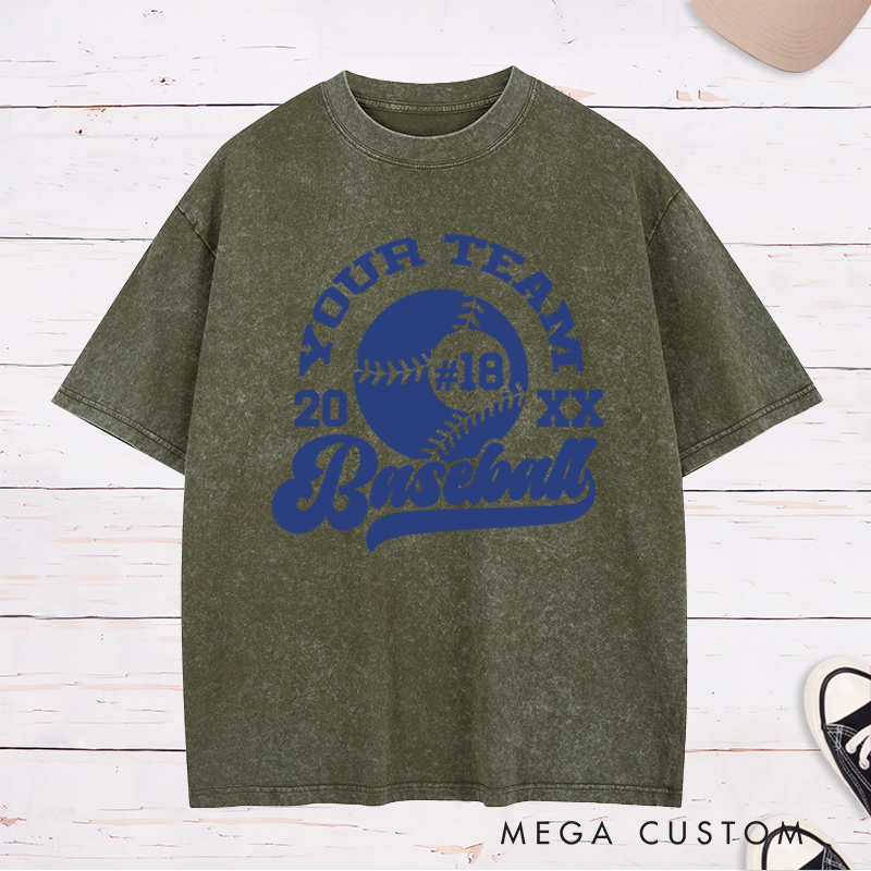 Personalized Baseball Washed T-Shirt with Custom Team Name, Player Number, and Year Design