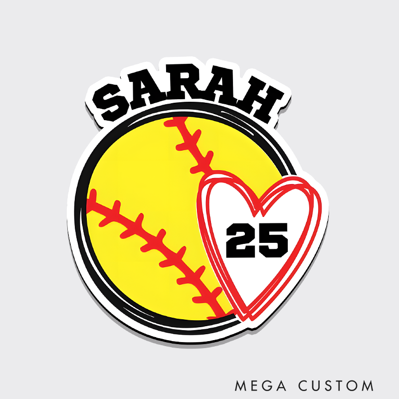 Personalized Softball Refrigerator Magnet with Custom Name Player Number Heart Accent and Bold Design