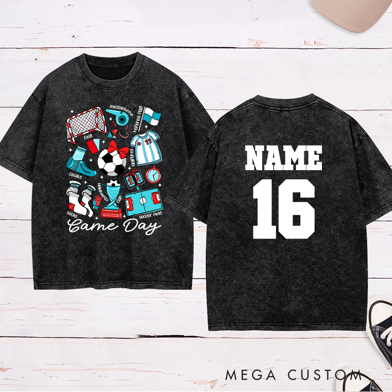 Personalized Game Day Soccer Washed T-Shirt with Fun Illustrated Graphics and Custom Name and Number