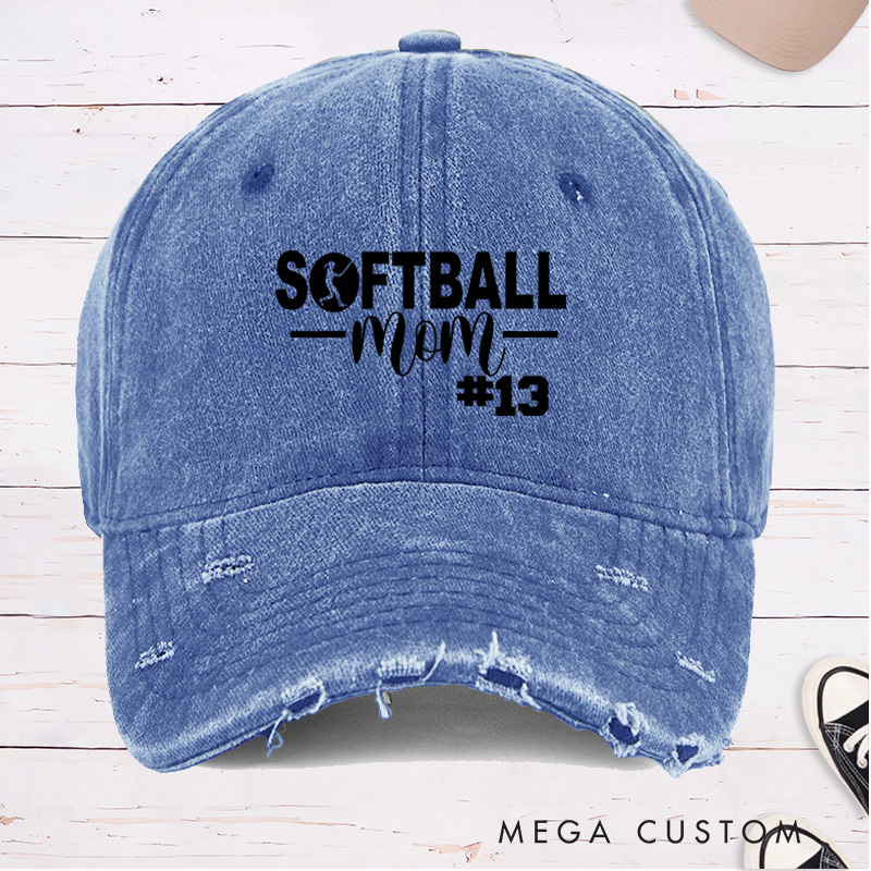 Personalized Distressed Denim "Softball Mom" Cap with Custom Player Number Design