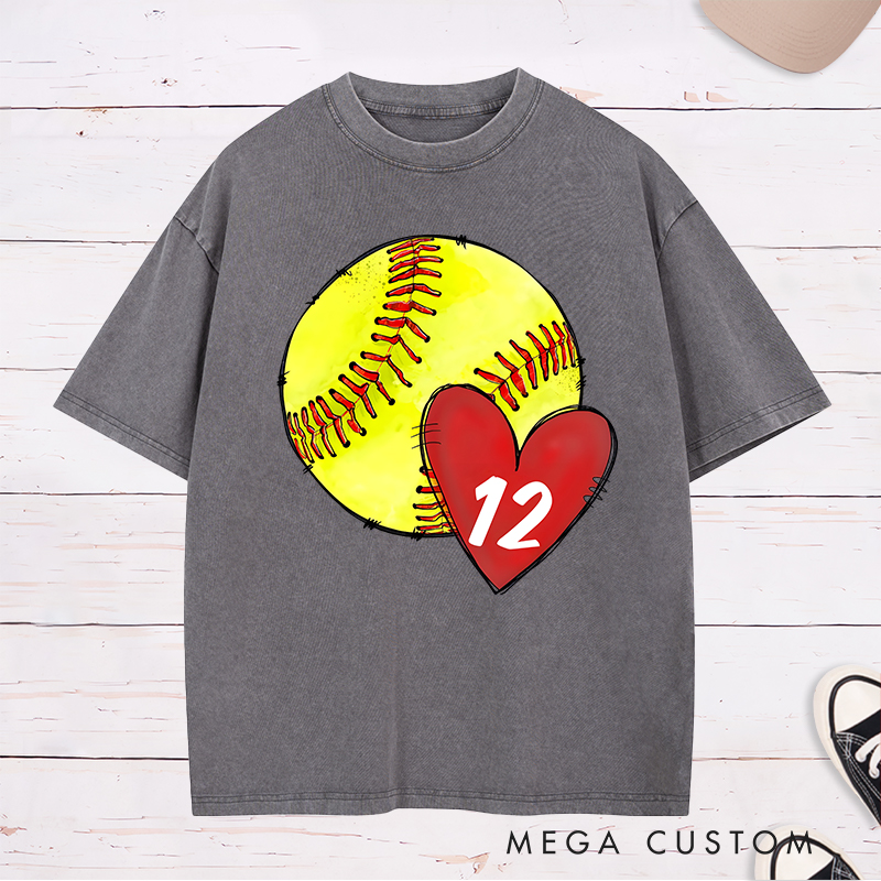 Personalized Softball Washed T-Shirt Design Featuring Hand-Drawn Softball Graphic Heart Element and Customizable Player Jersey Number for a Unique Supportive Look
