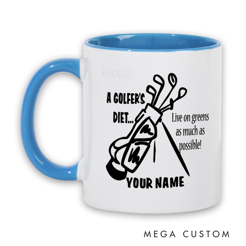 Personalized Golf Mug with Custom Name A Golfer's Diet Live on Greens Design Durable Ceramic Two Tone Handle