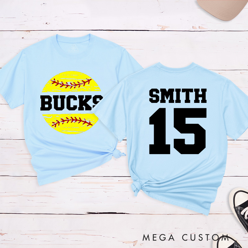 Personalized Softball Team T-Shirt Design Featuring Custom Team Name Player Name and Number with Bright Softball Graphic