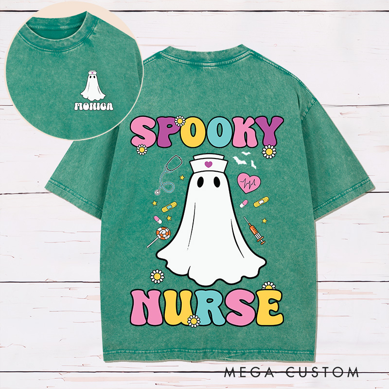 Personalized Nurse Two Sides Printed Washed T-Shirt Customized Spooky Nurse Design Washed T-Shirt 