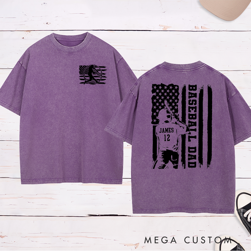 Personalized Baseball Dad Washed T-Shirt with Patriotic Flag and Custom Name and Number