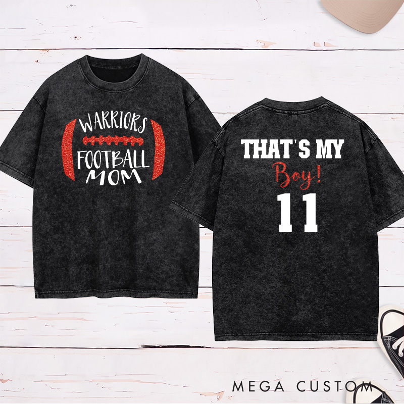 Personalized American Football Washed T-Shirts for "That's My Boy" with Custom Team Name and Number