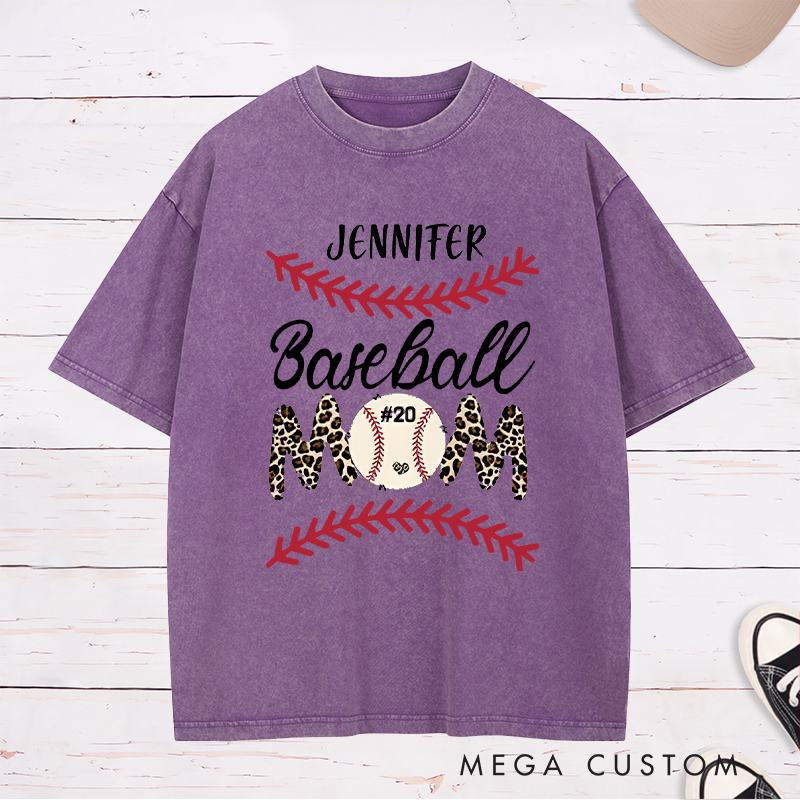 Personalized Baseball Mom Washed T-Shirt with Stylish Leopard Print and Number
