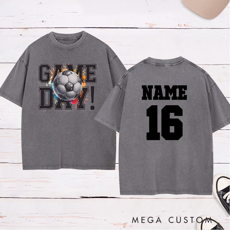 Personalized Soccer Washed T-Shirt Featuring Vibrant Splash Design and Custom Name and Number