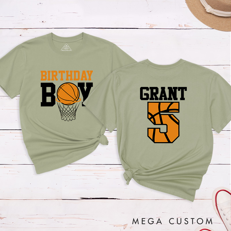 Personalized Birthday Basketball T-Shirt with Custom Name and Age Featuring a Fun Basketball and Hoop Design