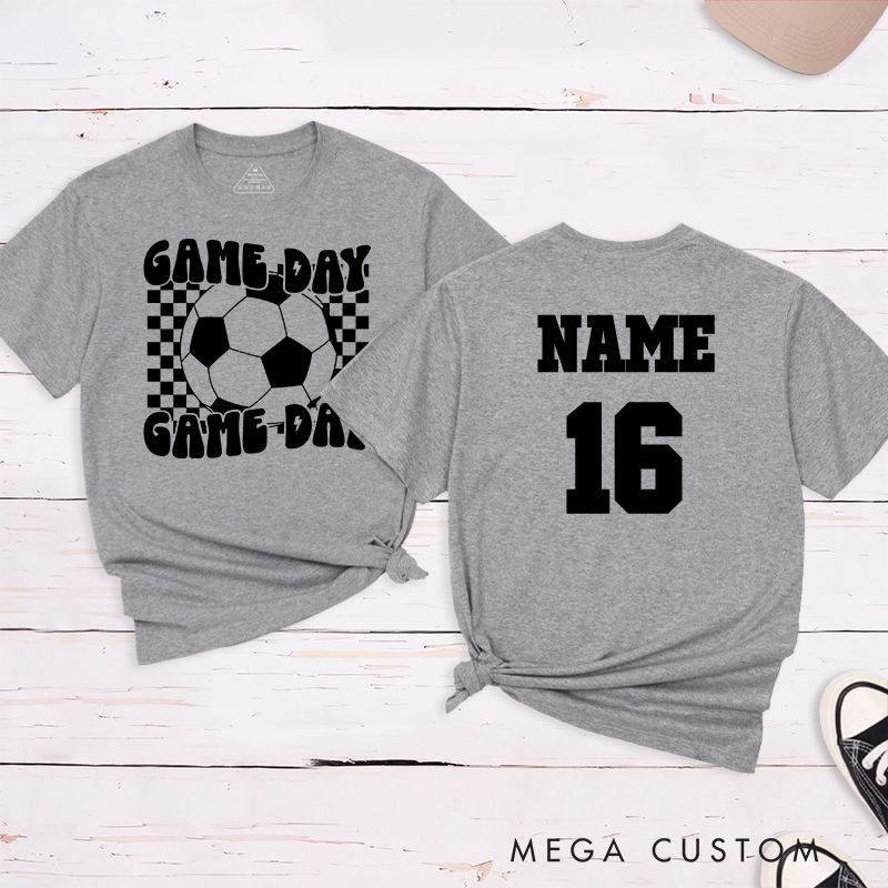 Personalized Game Day Soccer T-Shirt with Bold Checkerboard Design and Custom Name and Number