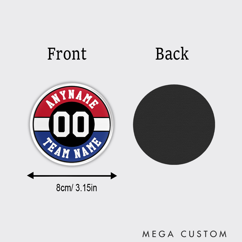 Personalized Circular Sports Fridge Magnet Featuring Team Colors and Text 