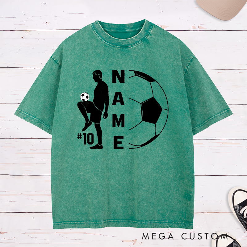 Personalized Soccer Washed T-Shirt with Player Silhouette and Custom Name and Number Design