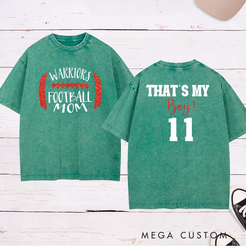 Personalized American Football Washed T-Shirts for "That's My Boy" with Custom Team Name and Number