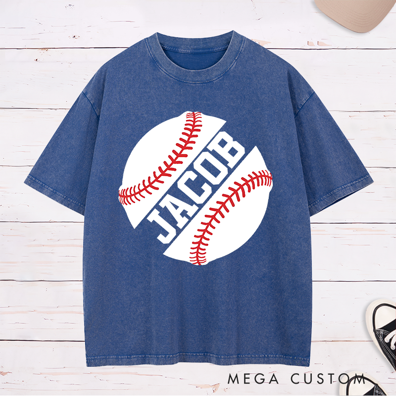 Personalized Game Day Washed T-Shirt with Striking Half Baseball Art and Custom Text