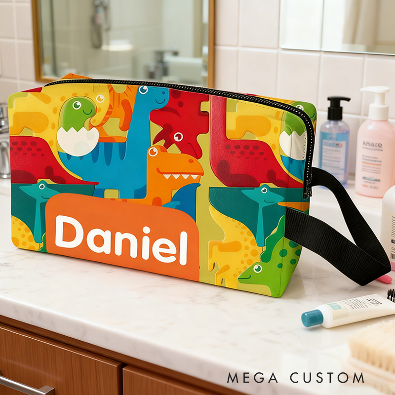 Personalized Fun Rainbow Dinosaur Toiletry Bag Custom Name for Kids Travel Gifts and Daily Use