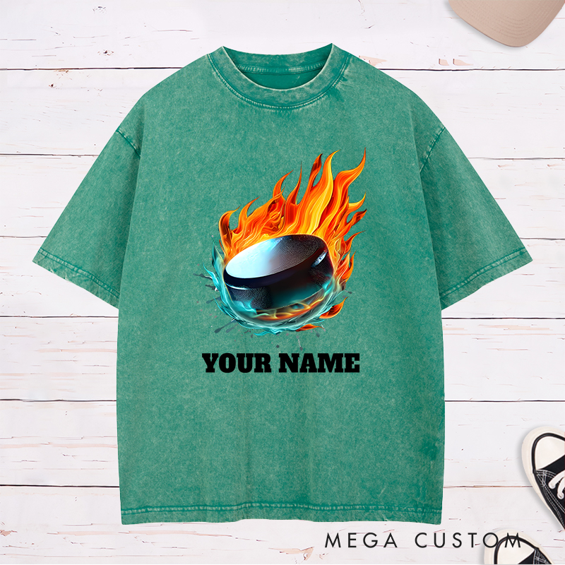 Personalized Flaming Hockey Puck Washed T-Shirt with Custom Name  