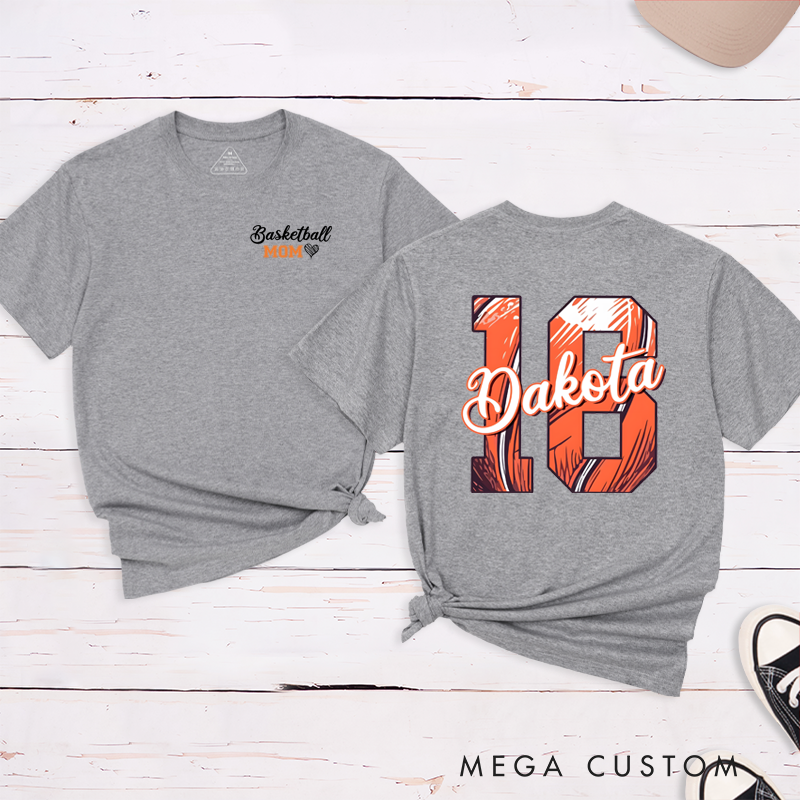 Personalized Basketball Mom T-Shirt with Custom Name, Number, and Stylish Design