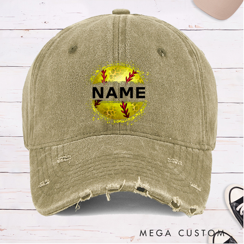Personalized Distressed Denim Softball Cap with Custom Name and Softball Graphic Design